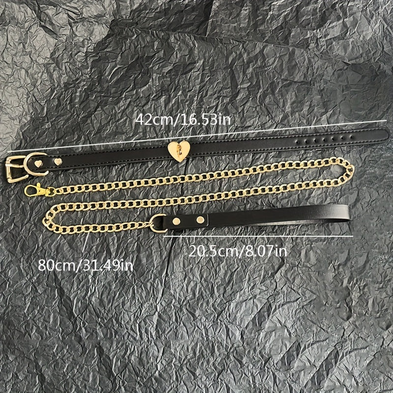 1pc Luxury Black Leather Pet Collar and Leash Set with Golden Heart Buckle - Adjustable, Fashionable, Durable for Training and Walking