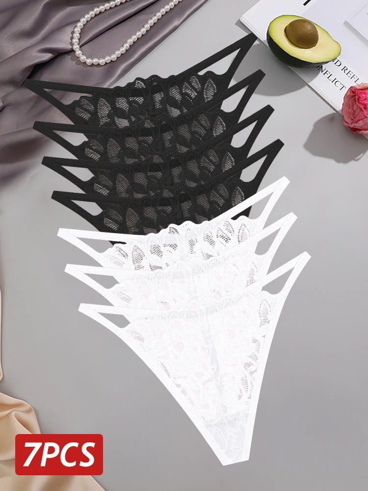 7Pcs/Set Women's Lace Panties Sexy Hollow Out Floral Thongs Solid Color Low Rise Thongs Fashion Cozy Breathable G-String S-XL