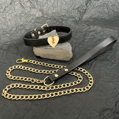 1pc Luxury Black Leather Pet Collar and Leash Set with Golden Heart Buckle - Adjustable, Fashionable, Durable for Training and Walking