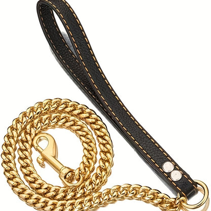 Durable Stainless Steel Dog Leash, 12MM Cuban Link Chain with Comfort Leather Handle, 3/4/5ft, No Battery Required, Suitable for All Dogs
