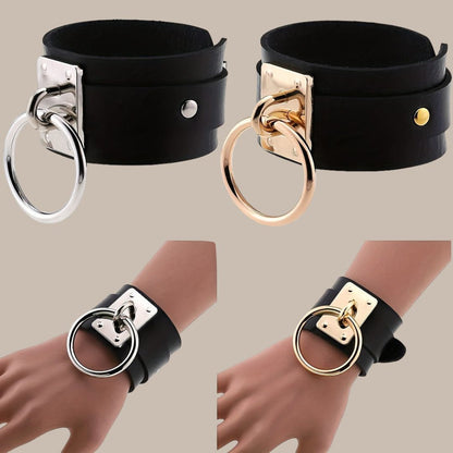Gothic PU Leather Circle Wristband with Ring