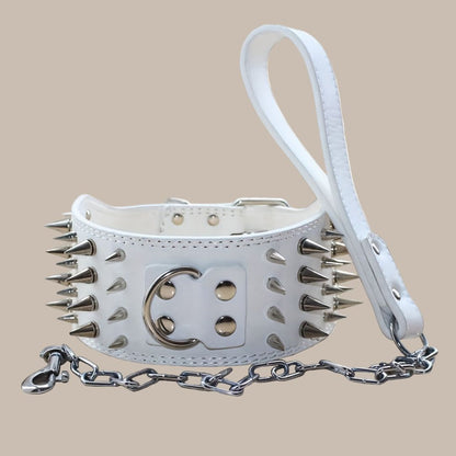 7.62 cm Wide Faux Leather 4 Rows Spiked Studded Dog Collar + Dog Leash Lead Set Heavy Duty Fit Pit Bull Terrier Mastiff