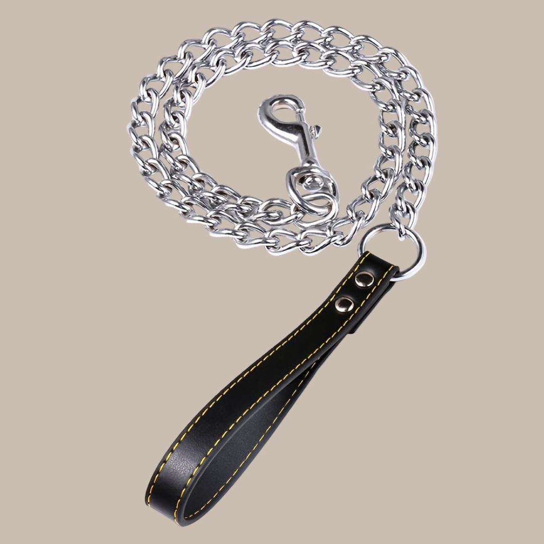 Heavy Duty Metal Chain Dog Leash with Leather Style Handle - 120cm Strong Control Lead for Large Dogs, Durable Iron Construction, Black 2.0mm Thick, Pet Accessories | Stylish Dog Leash | Durable Dog Leash