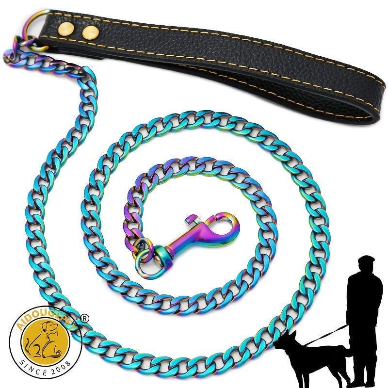 Vibrant Rainbow Stainless Steel Dog Leash with Comfort Grip Handle - 1.2cm Wide, Durable Training Lead for Pets, Iridescent Chain Link Design in Pink, Blue, Green, Yellow, Orange, Purple & White, Pet Walking Gear, Sturdy Clas