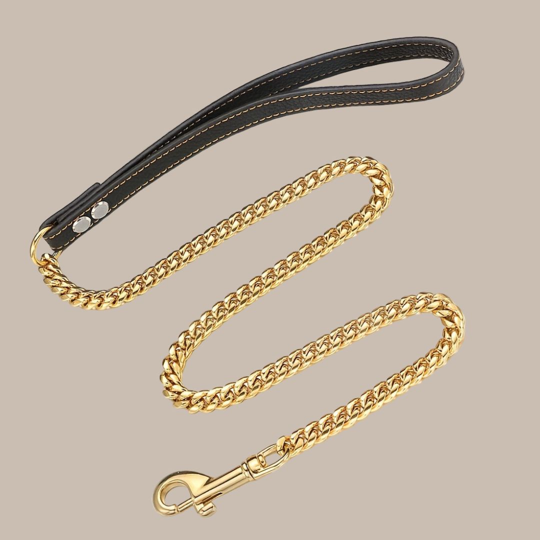 Durable Stainless Steel Dog Leash, 12MM Cuban Link Chain with Comfort Leather Handle, 3/4/5ft, No Battery Required, Suitable for All Dogs