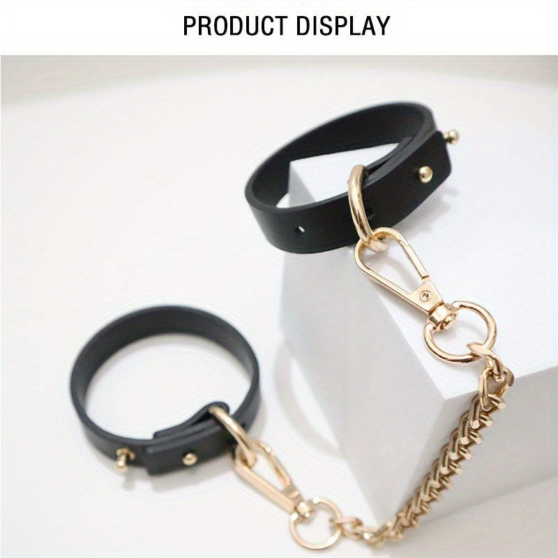 1pc PU Leather Cuffs with Golden Chain - Elegant Black Female Slave Cuffs for Bondage, Roleplay, and Adult Entertainment, Stress Relief Accessories, Adult Entertainment Accessories|Elegant Cuff Design|Durable Leather Cuffs, L