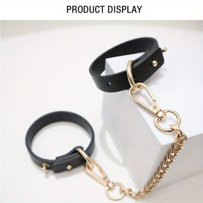 1pc PU Leather Cuffs with Golden Chain - Elegant Black Female Slave Cuffs for Bondage, Roleplay, and Adult Entertainment, Stress Relief Accessories, Adult Entertainment Accessories|Elegant Cuff Design|Durable Leather Cuffs, L