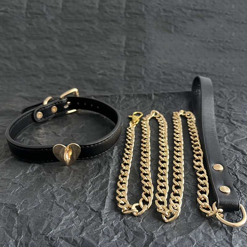1pc Luxury Black Leather Pet Collar and Leash Set with Golden Heart Buckle - Adjustable, Fashionable, Durable for Training and Walking