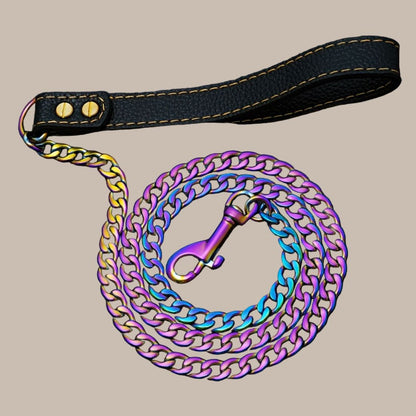 Vibrant Rainbow Stainless Steel Dog Leash with Comfort Grip Handle - 1.2cm Wide, Durable Training Lead for Pets, Iridescent Chain Link Design in Pink, Blue, Green, Yellow, Orange, Purple & White, Pet Walking Gear, Sturdy Clas