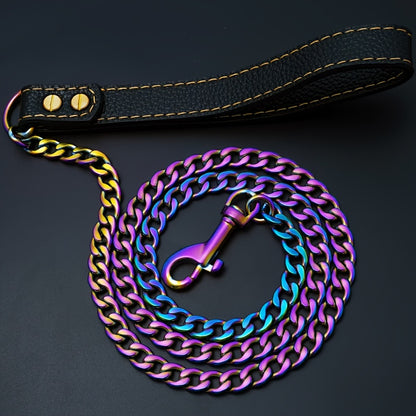 Vibrant Rainbow Stainless Steel Dog Leash with Comfort Grip Handle - 1.2cm Wide, Durable Training Lead for Pets, Iridescent Chain Link Design in Pink, Blue, Green, Yellow, Orange, Purple & White, Pet Walking Gear, Sturdy Clas