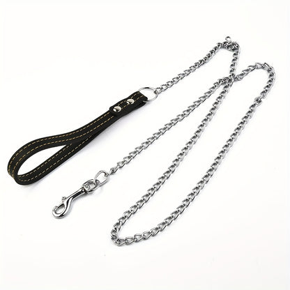 Heavy Duty Metal Chain Dog Leash with Leather Style Handle - 120cm Strong Control Lead for Large Dogs, Durable Iron Construction, Black 2.0mm Thick, Pet Accessories | Stylish Dog Leash | Durable Dog Leash