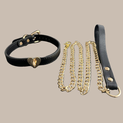 1pc Luxury Black Leather Pet Collar and Leash Set with Golden Heart Buckle - Adjustable, Fashionable, Durable for Training and Walking