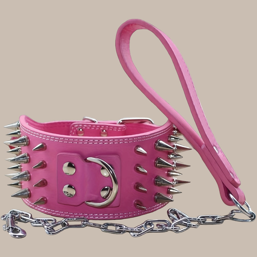 7.62 cm Wide Faux Leather 4 Rows Spiked Studded Dog Collar + Dog Leash Lead Set Heavy Duty Fit Pit Bull Terrier Mastiff