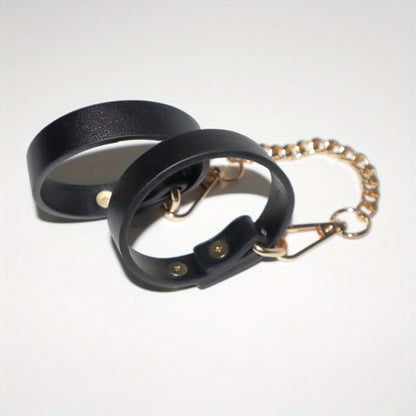 1pc PU Leather Cuffs with Golden Chain - Elegant Black Female Slave Cuffs for Bondage, Roleplay, and Adult Entertainment, Stress Relief Accessories, Adult Entertainment Accessories|Elegant Cuff Design|Durable Leather Cuffs, L