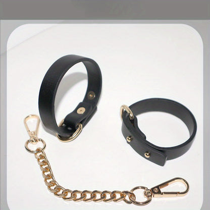 1pc PU Leather Cuffs with Golden Chain - Elegant Black Female Slave Cuffs for Bondage, Roleplay, and Adult Entertainment, Stress Relief Accessories, Adult Entertainment Accessories|Elegant Cuff Design|Durable Leather Cuffs, L