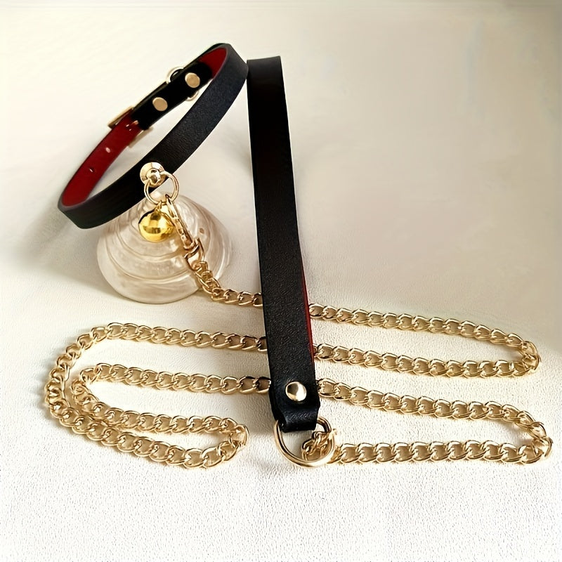 Suteyi Luxury Gothic Red & Black Dog Collar with Bell and Golden Chain Leash - Durable, Anti-Lost Pet Neckwear for Safe Walks, Suteyi