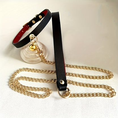 Suteyi Luxury Gothic Red & Black Dog Collar with Bell and Golden Chain Leash - Durable, Anti-Lost Pet Neckwear for Safe Walks, Suteyi