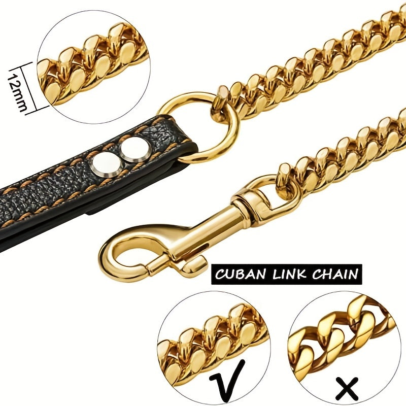 Durable Stainless Steel Dog Leash, 12MM Cuban Link Chain with Comfort Leather Handle, 3/4/5ft, No Battery Required, Suitable for All Dogs