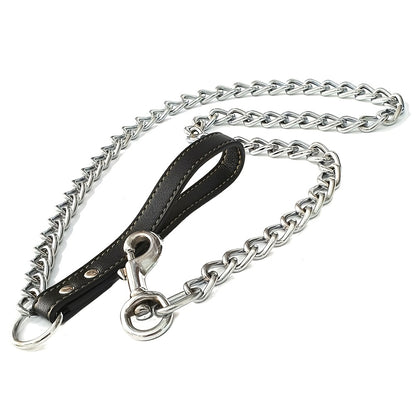 Heavy Duty Metal Chain Dog Leash with Leather Style Handle - 120cm Strong Control Lead for Large Dogs, Durable Iron Construction, Black 2.0mm Thick, Pet Accessories | Stylish Dog Leash | Durable Dog Leash