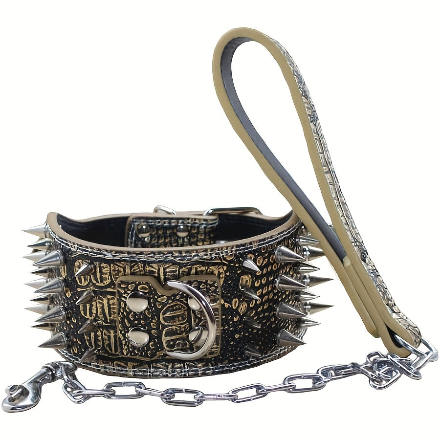 7.62 cm Wide Faux Leather 4 Rows Spiked Studded Dog Collar + Dog Leash Lead Set Heavy Duty Fit Pit Bull Terrier Mastiff