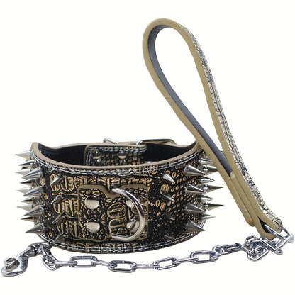7.62 cm Wide Faux Leather 4 Rows Spiked Studded Dog Collar + Dog Leash Lead Set Heavy Duty Fit Pit Bull Terrier Mastiff