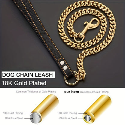 Durable Stainless Steel Dog Leash, 12MM Cuban Link Chain with Comfort Leather Handle, 3/4/5ft, No Battery Required, Suitable for All Dogs