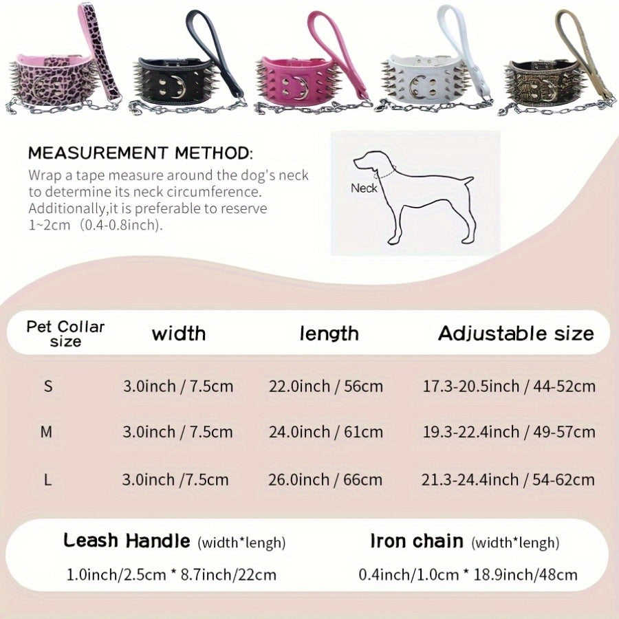 7.62 cm Wide Faux Leather 4 Rows Spiked Studded Dog Collar + Dog Leash Lead Set Heavy Duty Fit Pit Bull Terrier Mastiff
