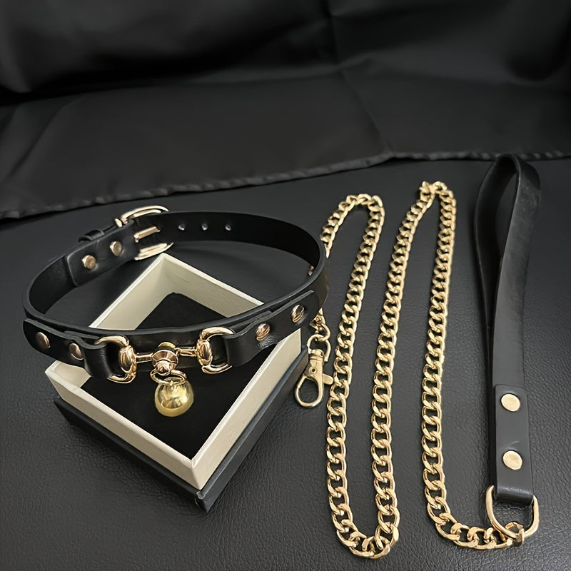 Suteyi Luxury Gothic Red & Black Dog Collar with Bell and Golden Chain Leash - Durable, Anti-Lost Pet Neckwear for Safe Walks, Suteyi
