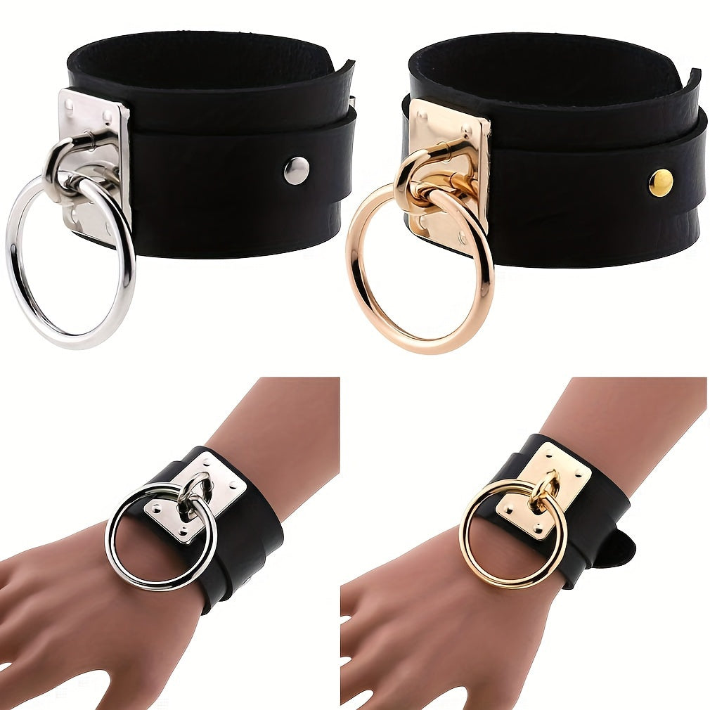 Gothic PU Leather Circle Wristband with Ring