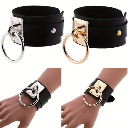 Gothic PU Leather Circle Wristband with Ring