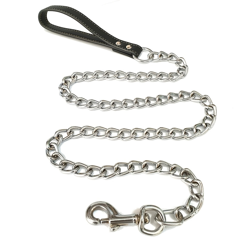 Heavy Duty Metal Chain Dog Leash with Leather Style Handle - 120cm Strong Control Lead for Large Dogs, Durable Iron Construction, Black 2.0mm Thick, Pet Accessories | Stylish Dog Leash | Durable Dog Leash
