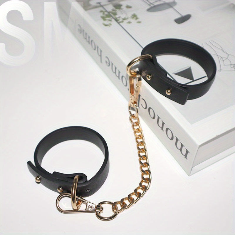 1pc PU Leather Cuffs with Golden Chain - Elegant Black Female Slave Cuffs for Bondage, Roleplay, and Adult Entertainment, Stress Relief Accessories, Adult Entertainment Accessories|Elegant Cuff Design|Durable Leather Cuffs, L