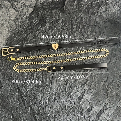 1pc Luxury Black Leather Pet Collar and Leash Set with Golden Heart Buckle - Adjustable, Fashionable, Durable for Training and Walking