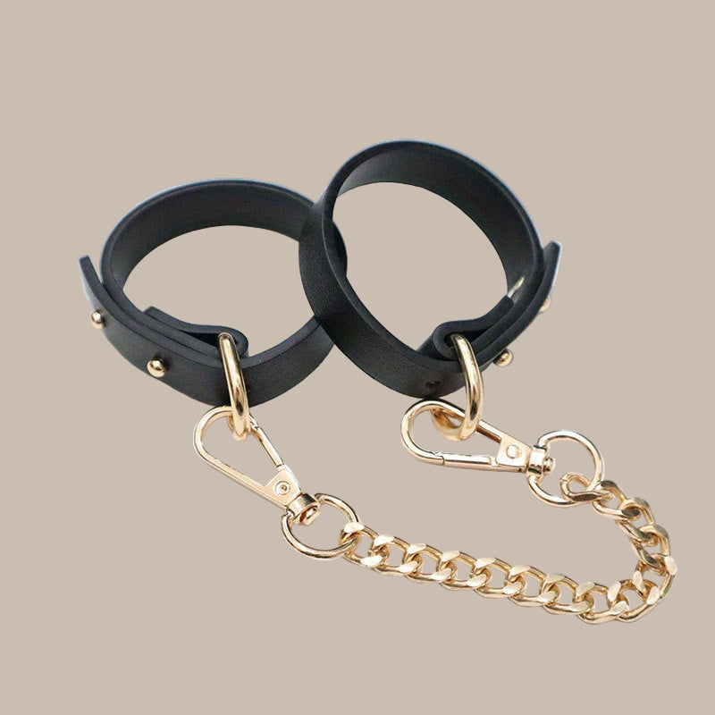 1pc PU Leather Cuffs with Golden Chain - Elegant Black Female Slave Cuffs for Bondage, Roleplay, and Adult Entertainment, Stress Relief Accessories, Adult Entertainment Accessories|Elegant Cuff Design|Durable Leather Cuffs, L