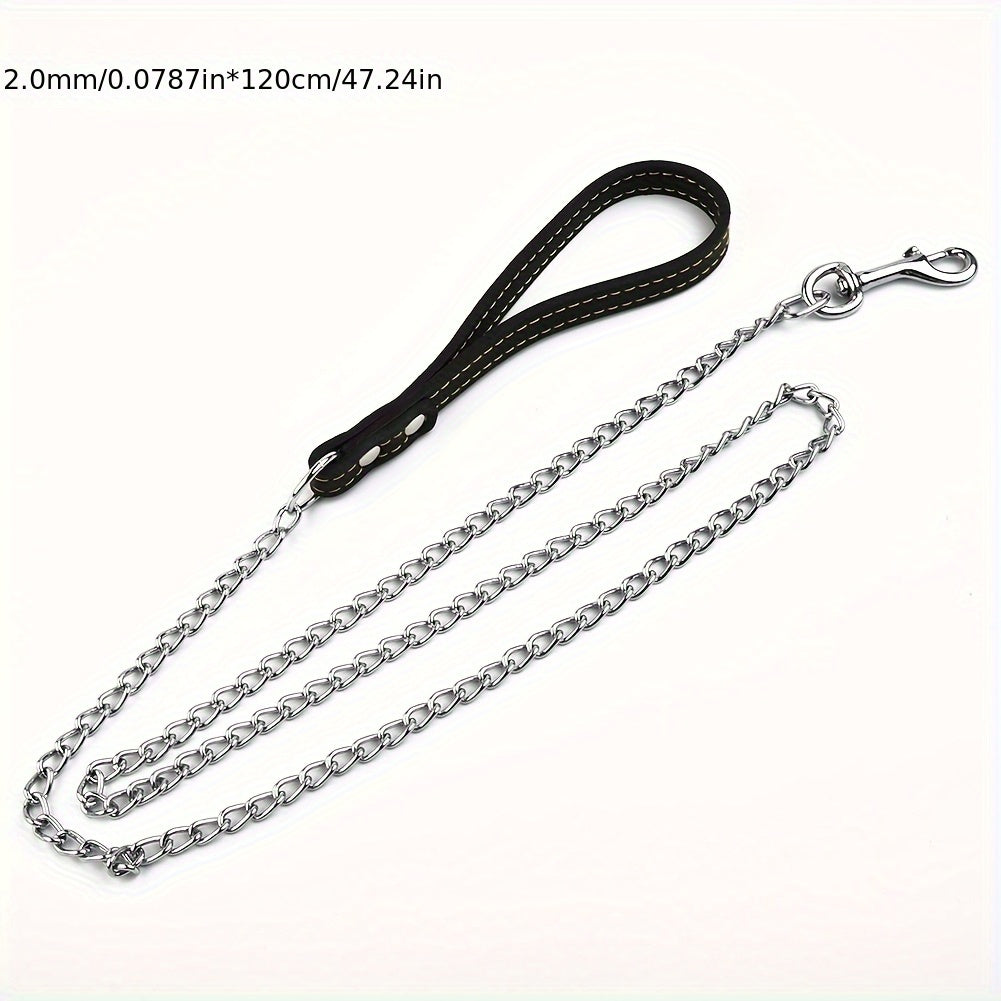 Heavy Duty Metal Chain Dog Leash with Leather Style Handle - 120cm Strong Control Lead for Large Dogs, Durable Iron Construction, Black 2.0mm Thick, Pet Accessories | Stylish Dog Leash | Durable Dog Leash