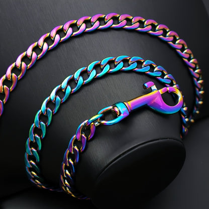 Vibrant Rainbow Stainless Steel Dog Leash with Comfort Grip Handle - 1.2cm Wide, Durable Training Lead for Pets, Iridescent Chain Link Design in Pink, Blue, Green, Yellow, Orange, Purple & White, Pet Walking Gear, Sturdy Clas