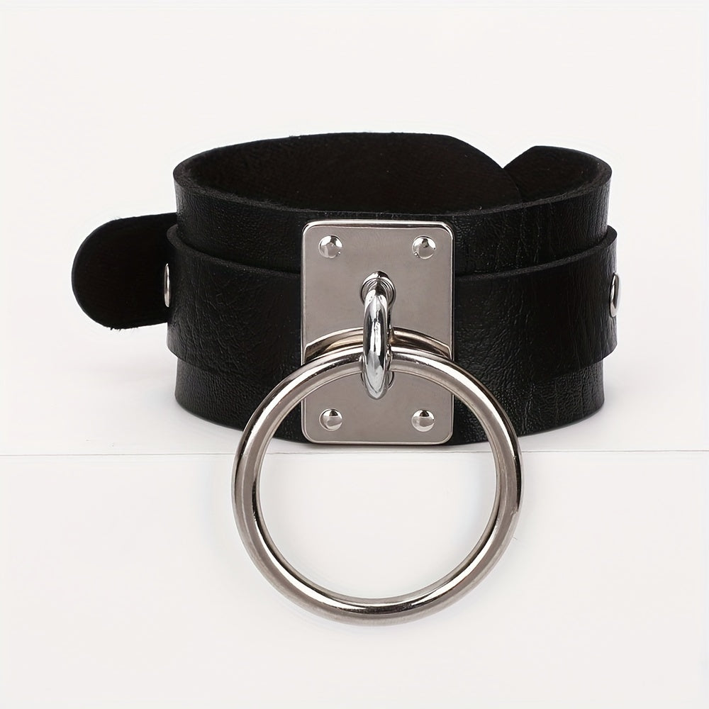 Gothic PU Leather Circle Wristband with Ring
