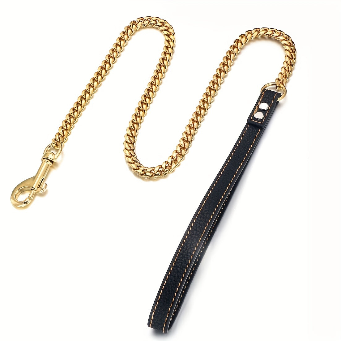 Durable Stainless Steel Dog Leash, 12MM Cuban Link Chain with Comfort Leather Handle, 3/4/5ft, No Battery Required, Suitable for All Dogs