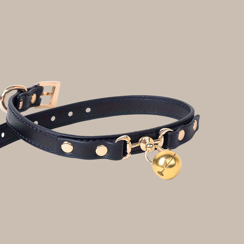 Suteyi Luxury Gothic Red & Black Dog Collar with Bell and Golden Chain Leash - Durable, Anti-Lost Pet Neckwear for Safe Walks, Suteyi