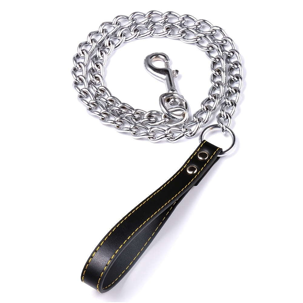 Heavy Duty Metal Chain Dog Leash with Leather Style Handle - 120cm Strong Control Lead for Large Dogs, Durable Iron Construction, Black 2.0mm Thick, Pet Accessories | Stylish Dog Leash | Durable Dog Leash