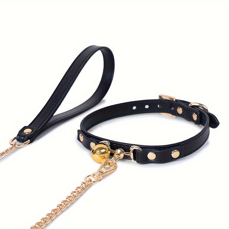 Suteyi Luxury Gothic Red & Black Dog Collar with Bell and Golden Chain Leash - Durable, Anti-Lost Pet Neckwear for Safe Walks, Suteyi