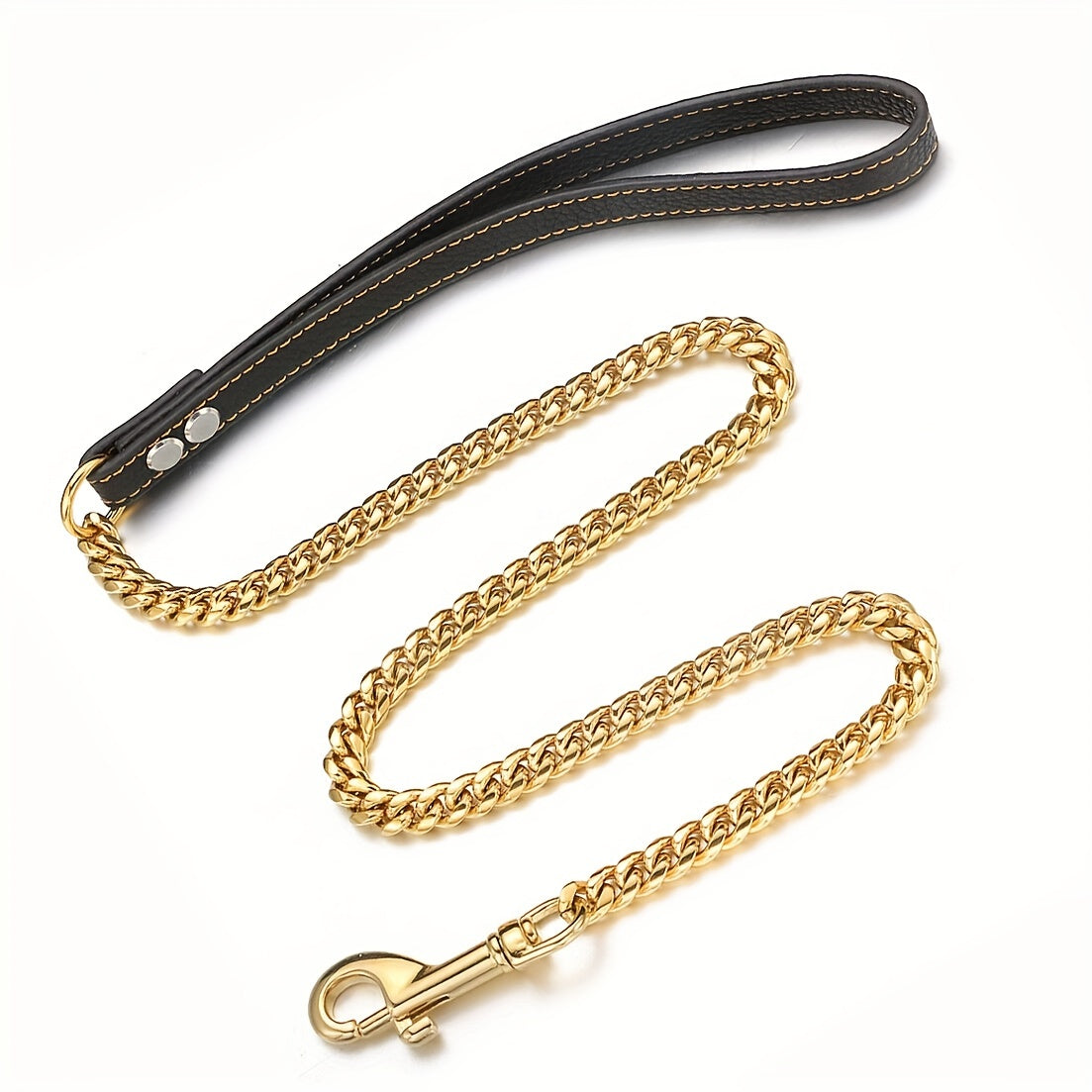 Durable Stainless Steel Dog Leash, 12MM Cuban Link Chain with Comfort Leather Handle, 3/4/5ft, No Battery Required, Suitable for All Dogs