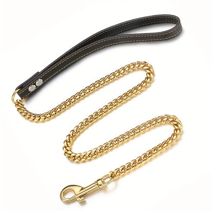 Durable Stainless Steel Dog Leash, 12MM Cuban Link Chain with Comfort Leather Handle, 3/4/5ft, No Battery Required, Suitable for All Dogs