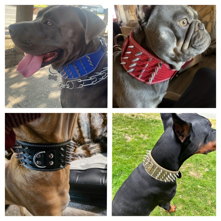 7.62 cm Wide Faux Leather 4 Rows Spiked Studded Dog Collar + Dog Leash Lead Set Heavy Duty Fit Pit Bull Terrier Mastiff