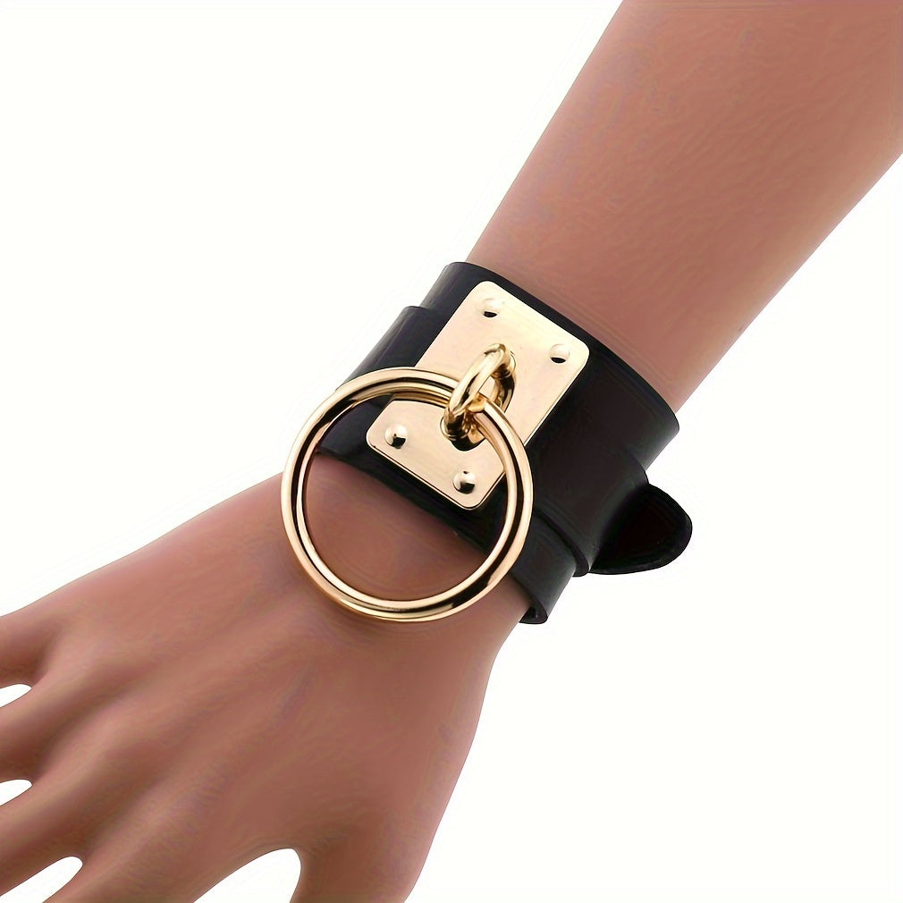 Gothic PU Leather Circle Wristband with Ring