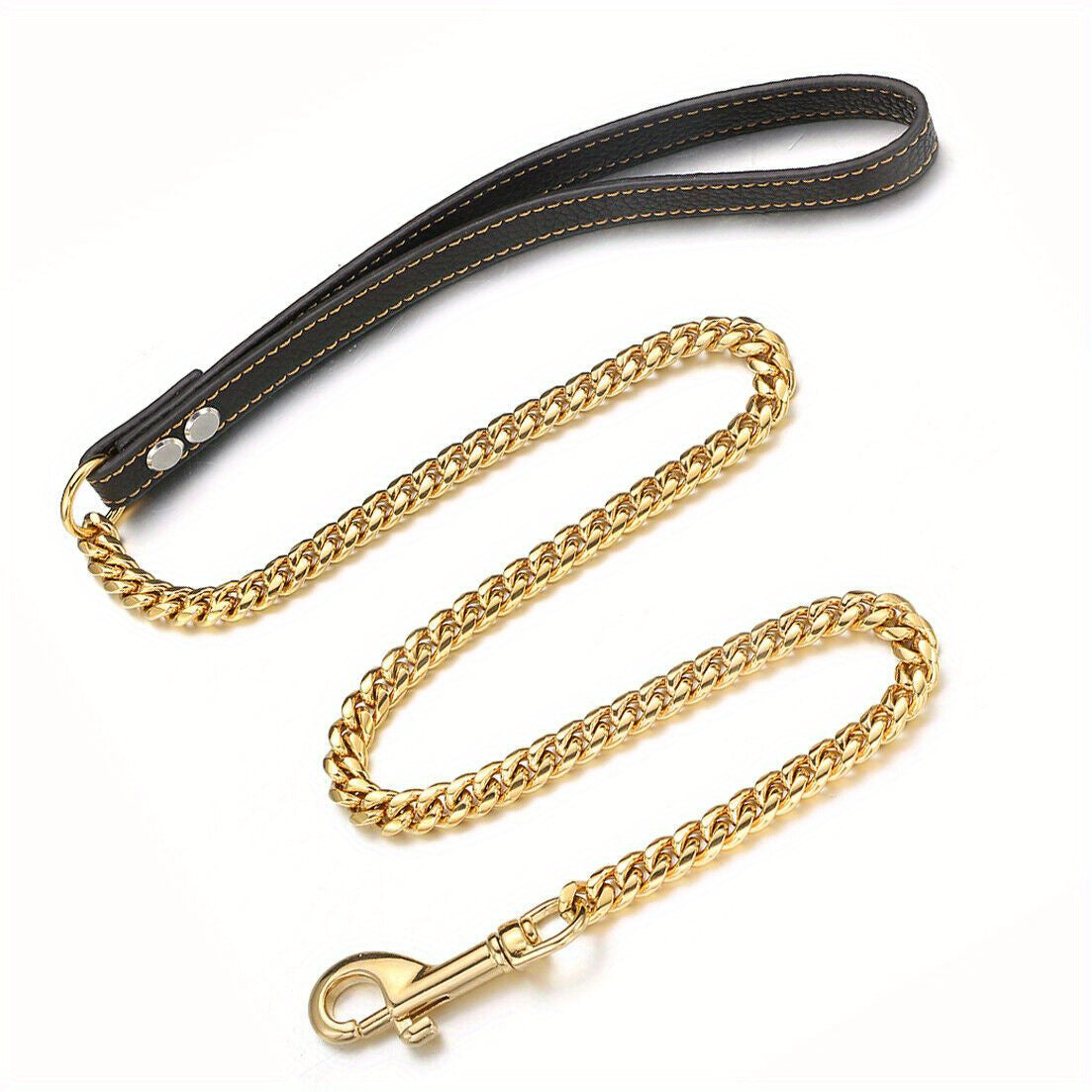 Durable Stainless Steel Dog Leash, 12MM Cuban Link Chain with Comfort Leather Handle, 3/4/5ft, No Battery Required, Suitable for All Dogs