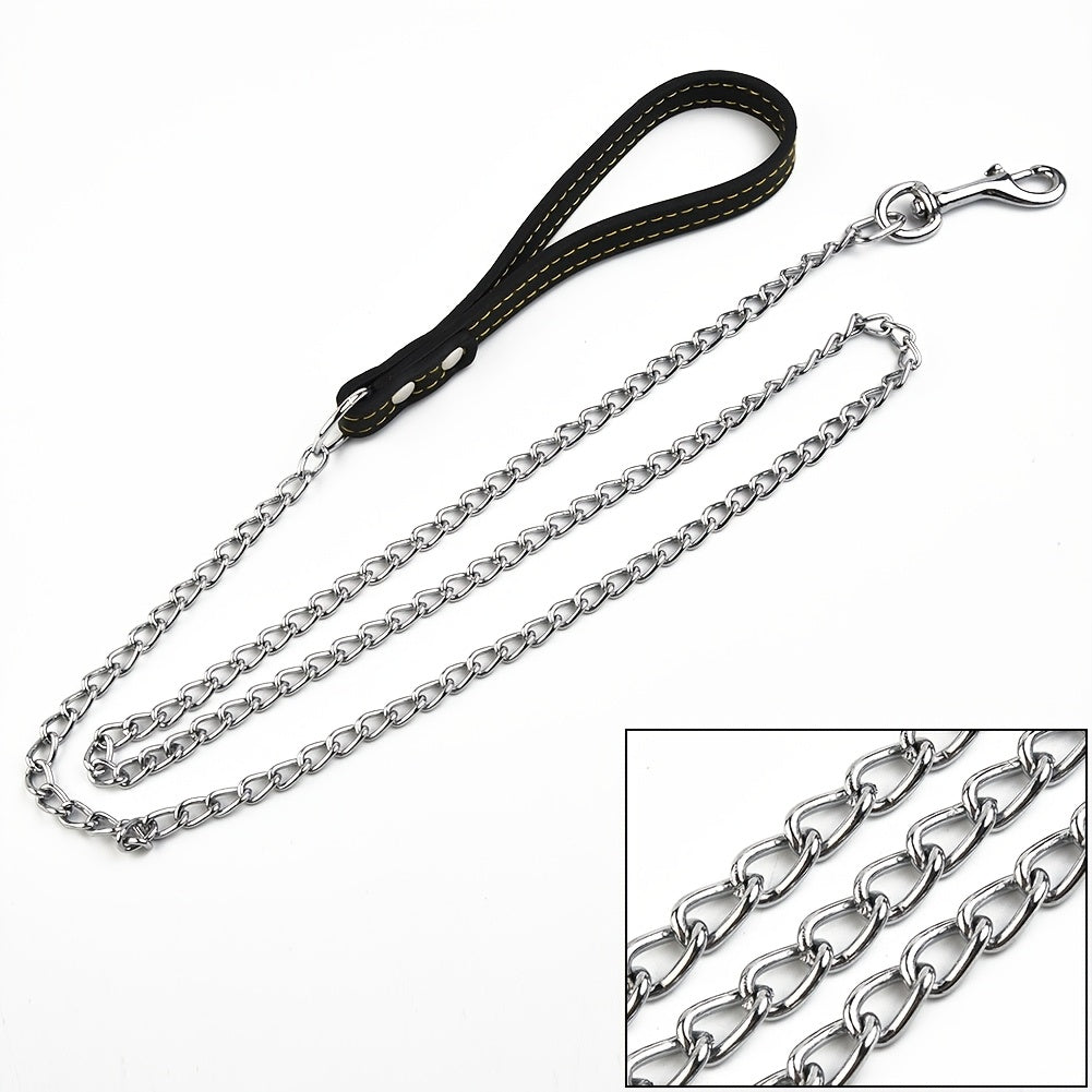Heavy Duty Metal Chain Dog Leash with Leather Style Handle - 120cm Strong Control Lead for Large Dogs, Durable Iron Construction, Black 2.0mm Thick, Pet Accessories | Stylish Dog Leash | Durable Dog Leash