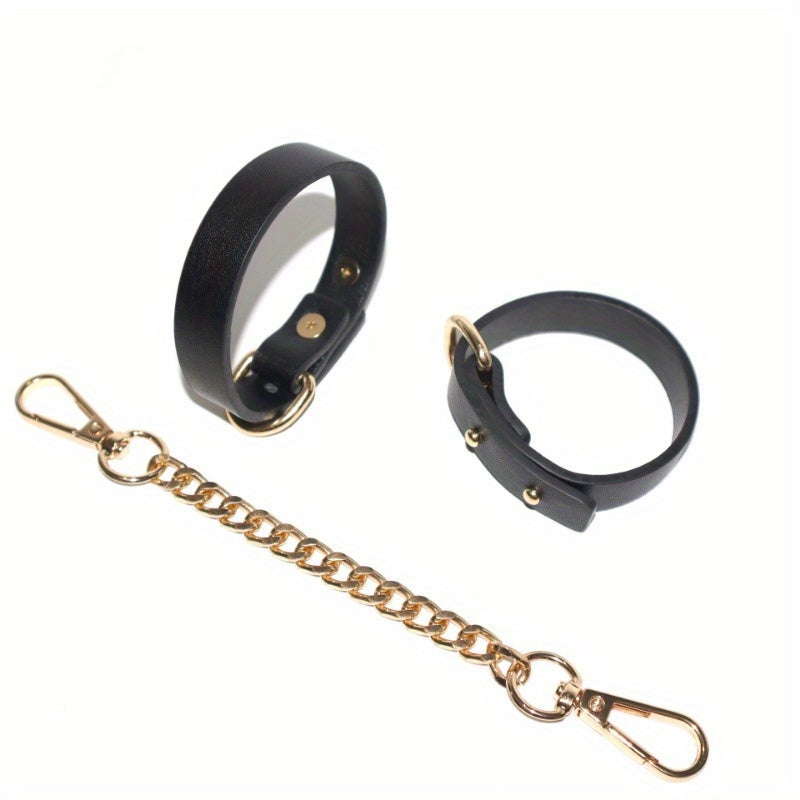 1pc PU Leather Cuffs with Golden Chain - Elegant Black Female Slave Cuffs for Bondage, Roleplay, and Adult Entertainment, Stress Relief Accessories, Adult Entertainment Accessories|Elegant Cuff Design|Durable Leather Cuffs, L