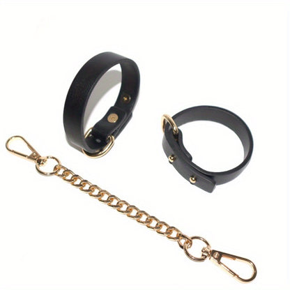 1pc PU Leather Cuffs with Golden Chain - Elegant Black Female Slave Cuffs for Bondage, Roleplay, and Adult Entertainment, Stress Relief Accessories, Adult Entertainment Accessories|Elegant Cuff Design|Durable Leather Cuffs, L