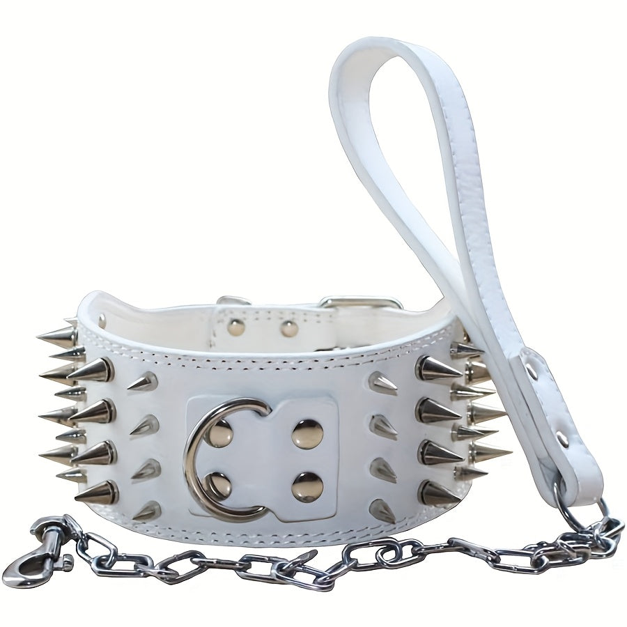 7.62 cm Wide Faux Leather 4 Rows Spiked Studded Dog Collar + Dog Leash Lead Set Heavy Duty Fit Pit Bull Terrier Mastiff